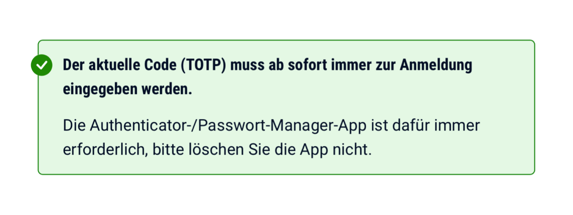 Notification confirming successful activation of TOTP login