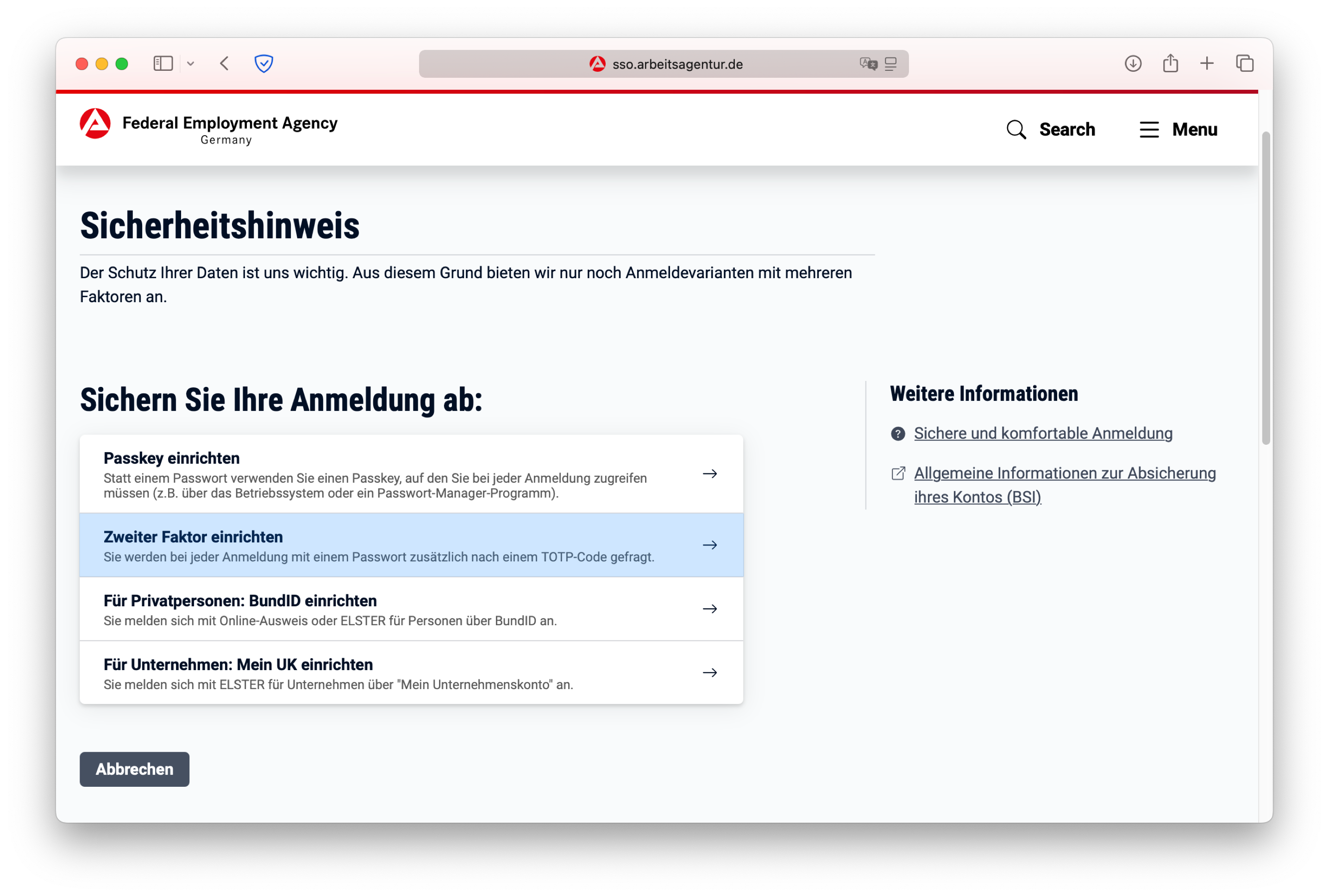 How to select TOTP login on the arbeitsagentur.de website