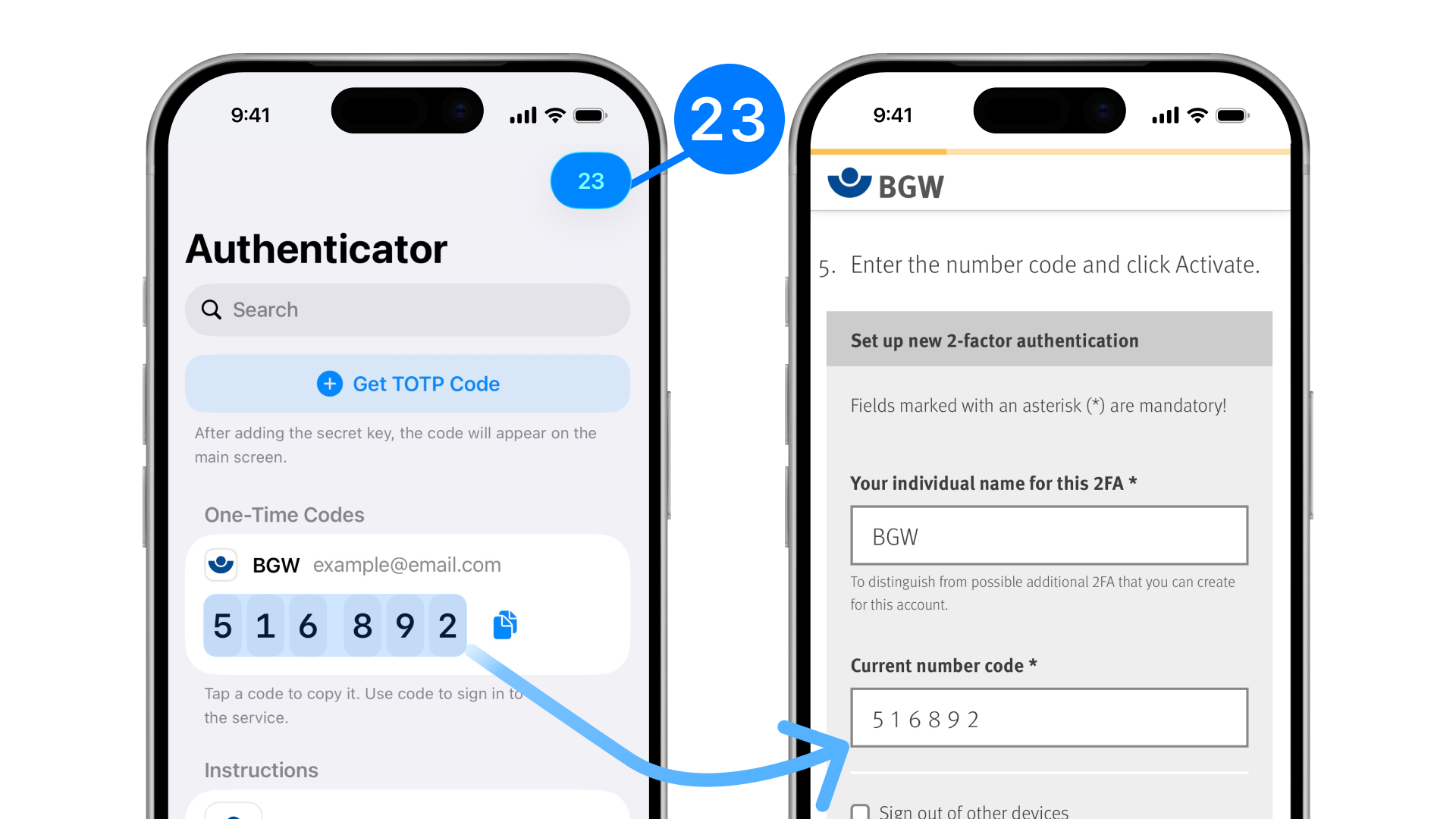 Where to get the TOTP code and where to enter it to enable two-factor protection in BGW.