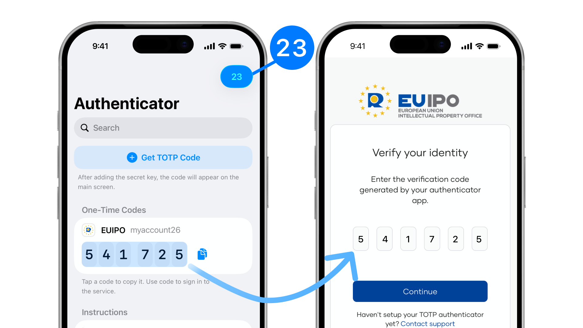 Where to get the TOTP code and where to enter it to enable two-factor protection in EUIPO.