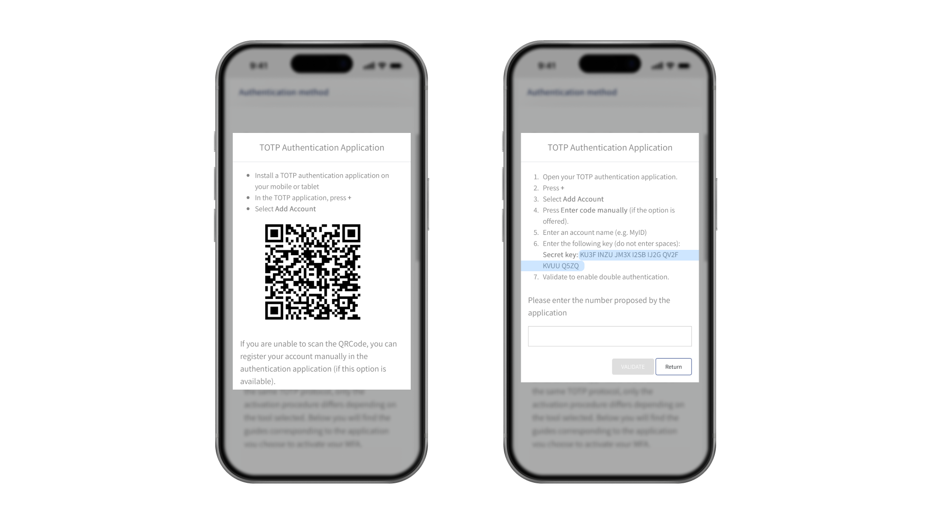 What the secret key (token) for generating TOTP codes looks like.