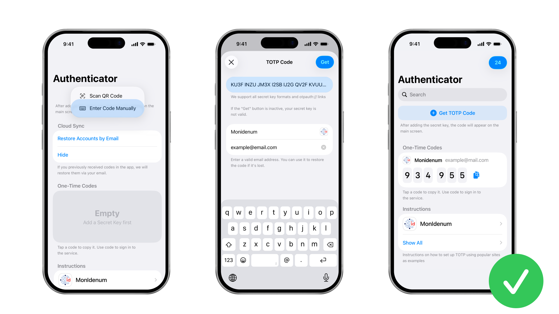 How to add the secret key to an authenticator to generate TOTP codes.