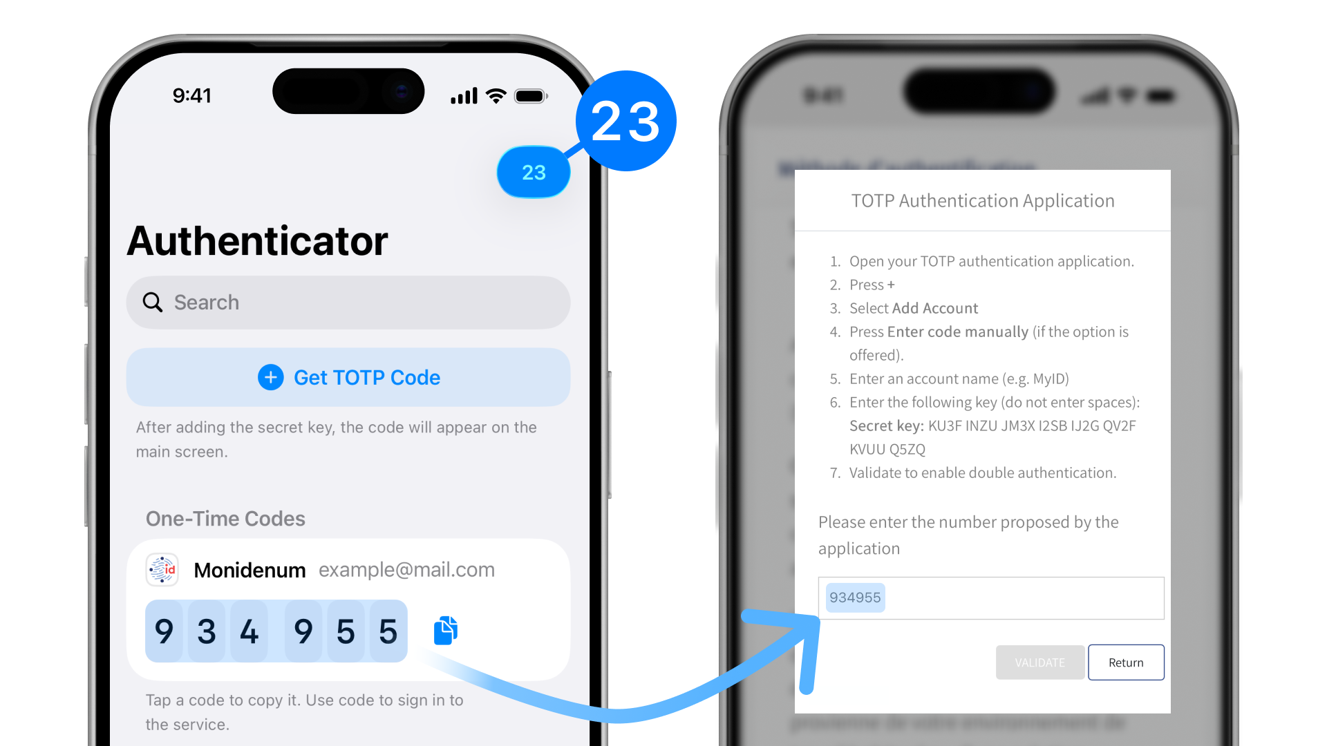 Where to get and where to enter the TOTP code to enable two-factor protection in Monidenum.