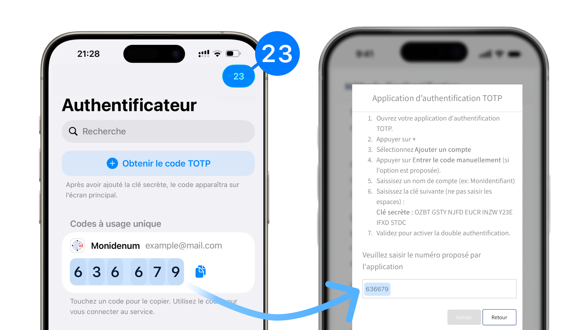 Où obtenir et où saisir le code TOTP pour activer la protection à deux facteurs dans Monidenum.