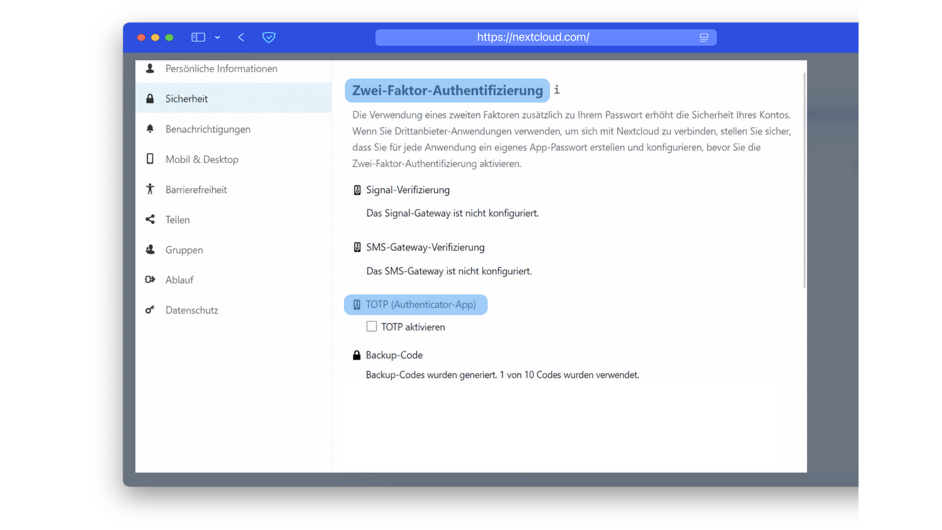 So finden Sie den Bereich für die Anmeldung per TOTP-Code bei Nextcloud.