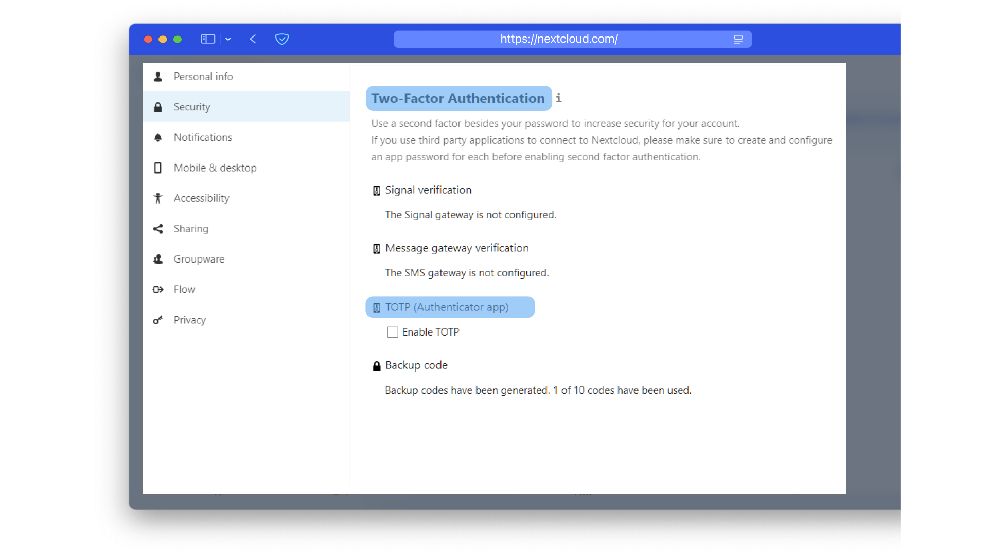 How to find the TOTP code sign-in section in Nextcloud.