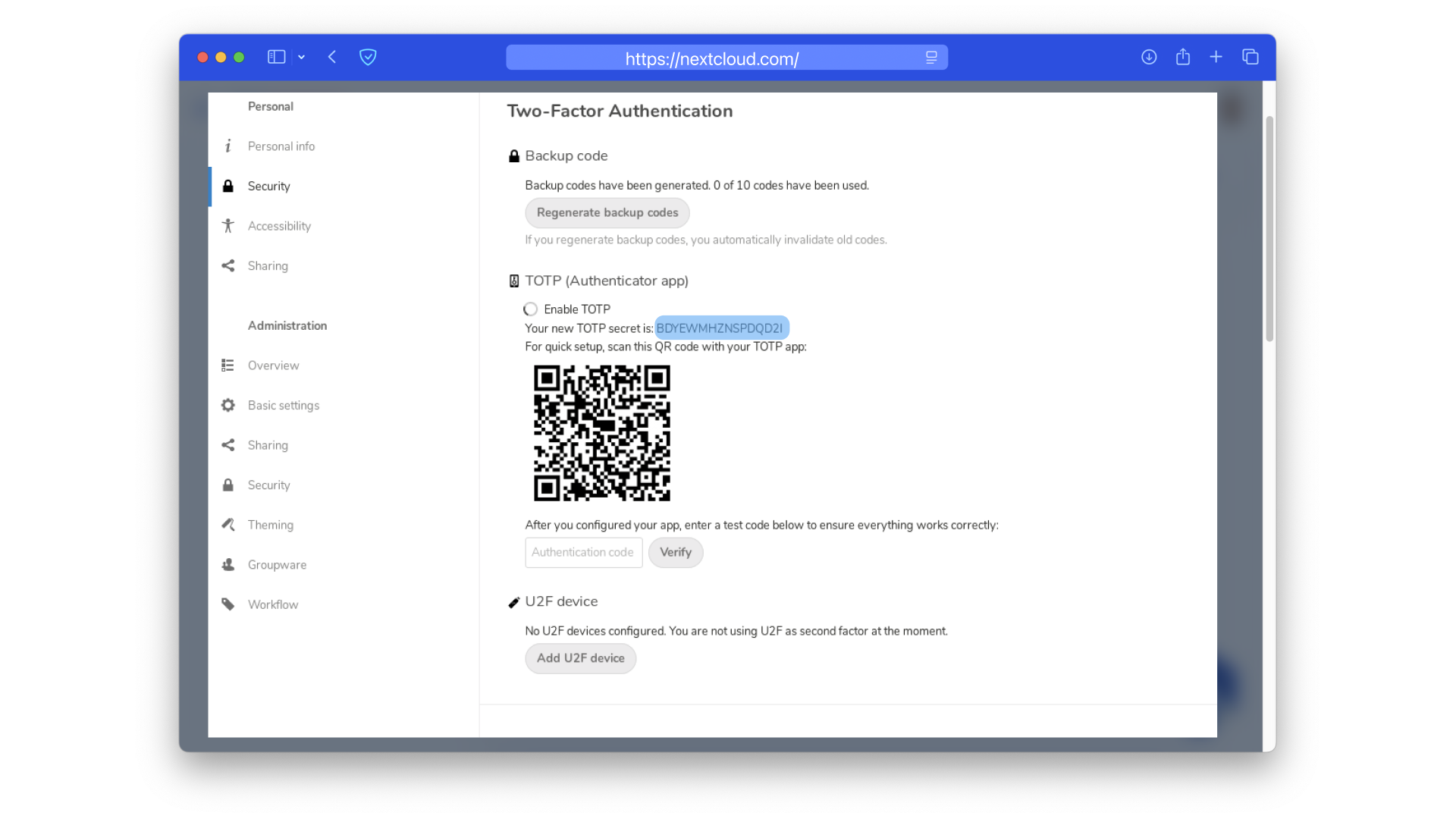 What the secret key (token) for generating TOTP codes looks like.