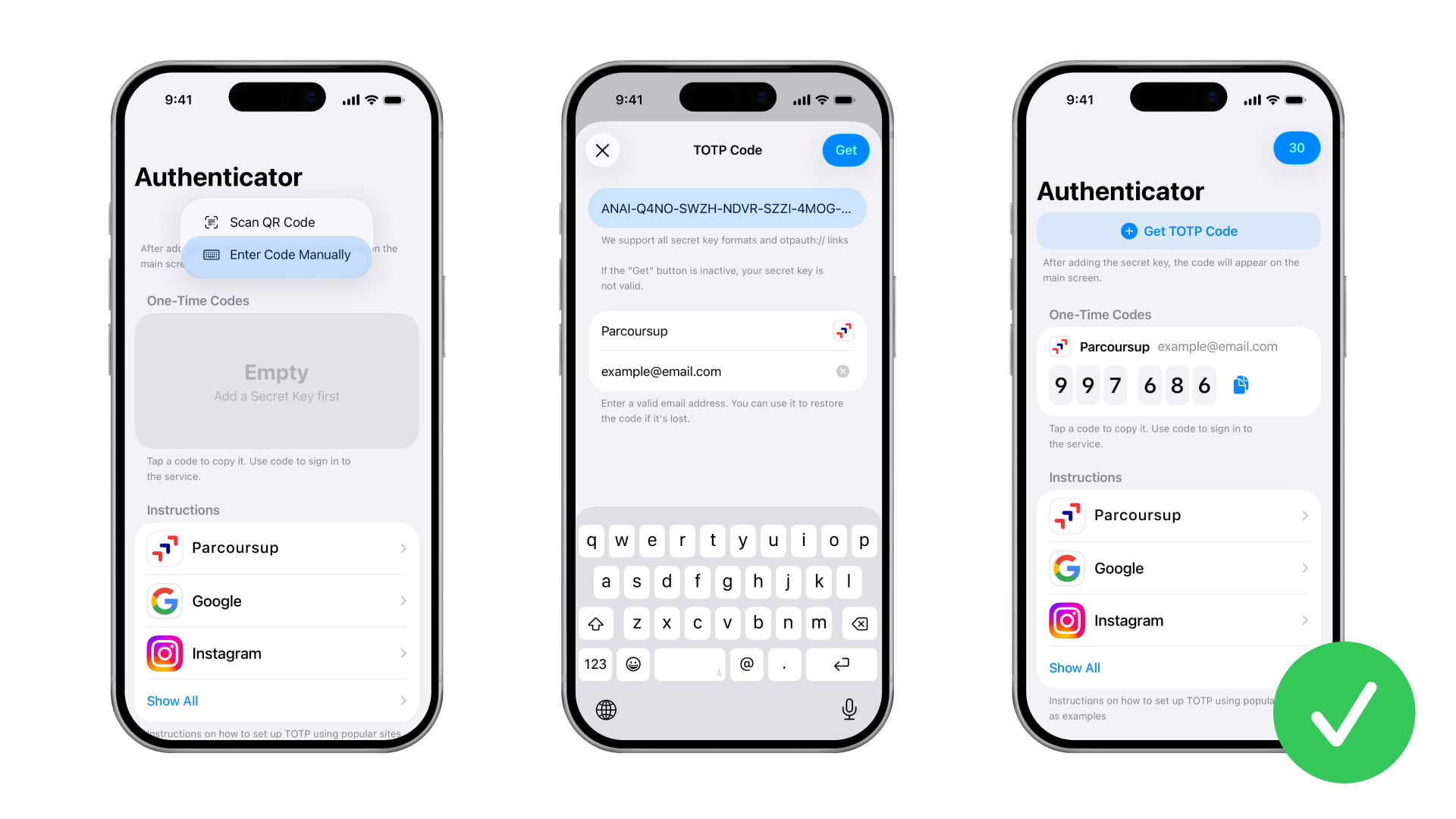 How to add the secret key to the authenticator to generate TOTP codes.