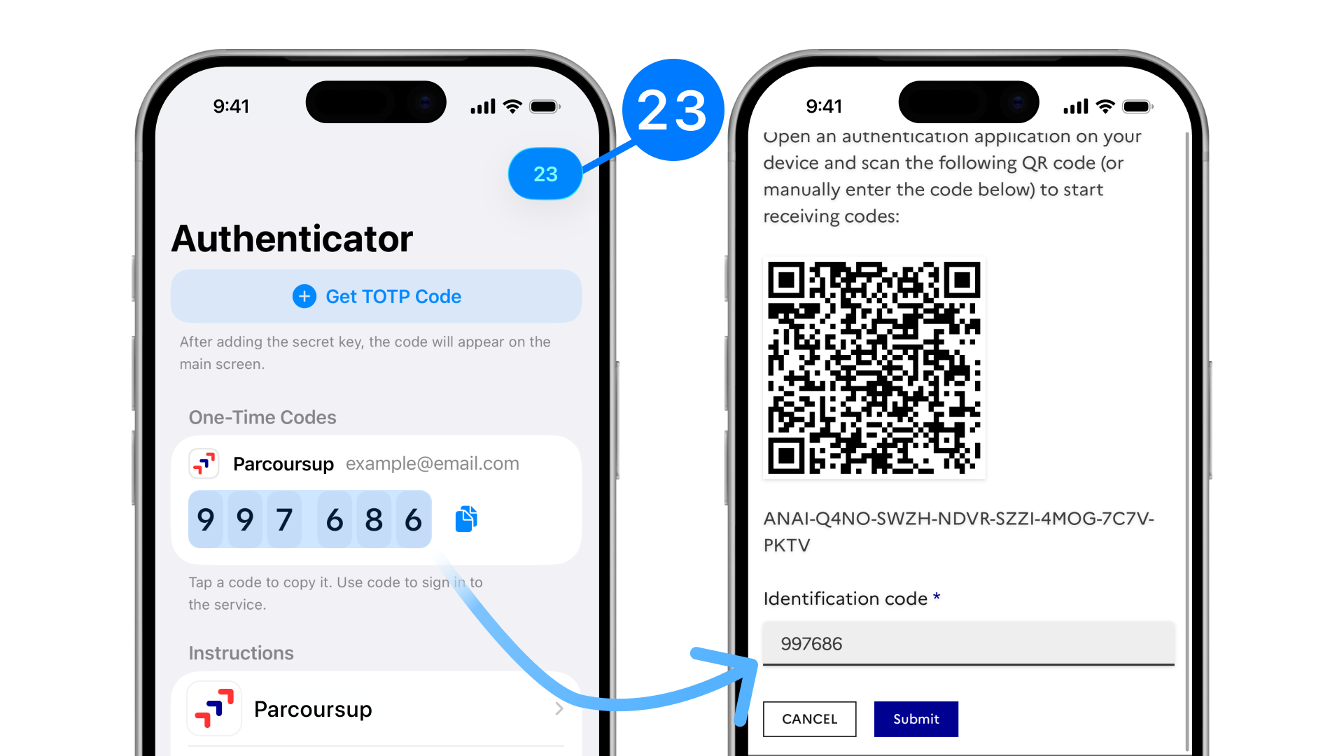 Where to get the TOTP code and where to enter it to enable two-factor protection in Parcoursup.